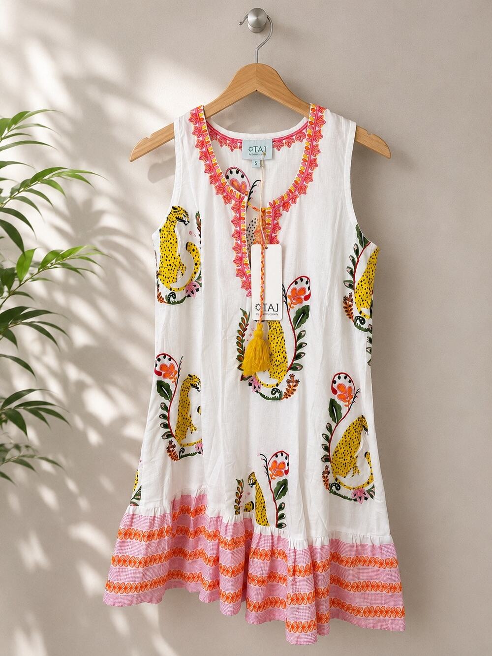 NWT TAJ by Sabrina Crippa Embroidered Leopard Cotton Resort Mini Dress Size S